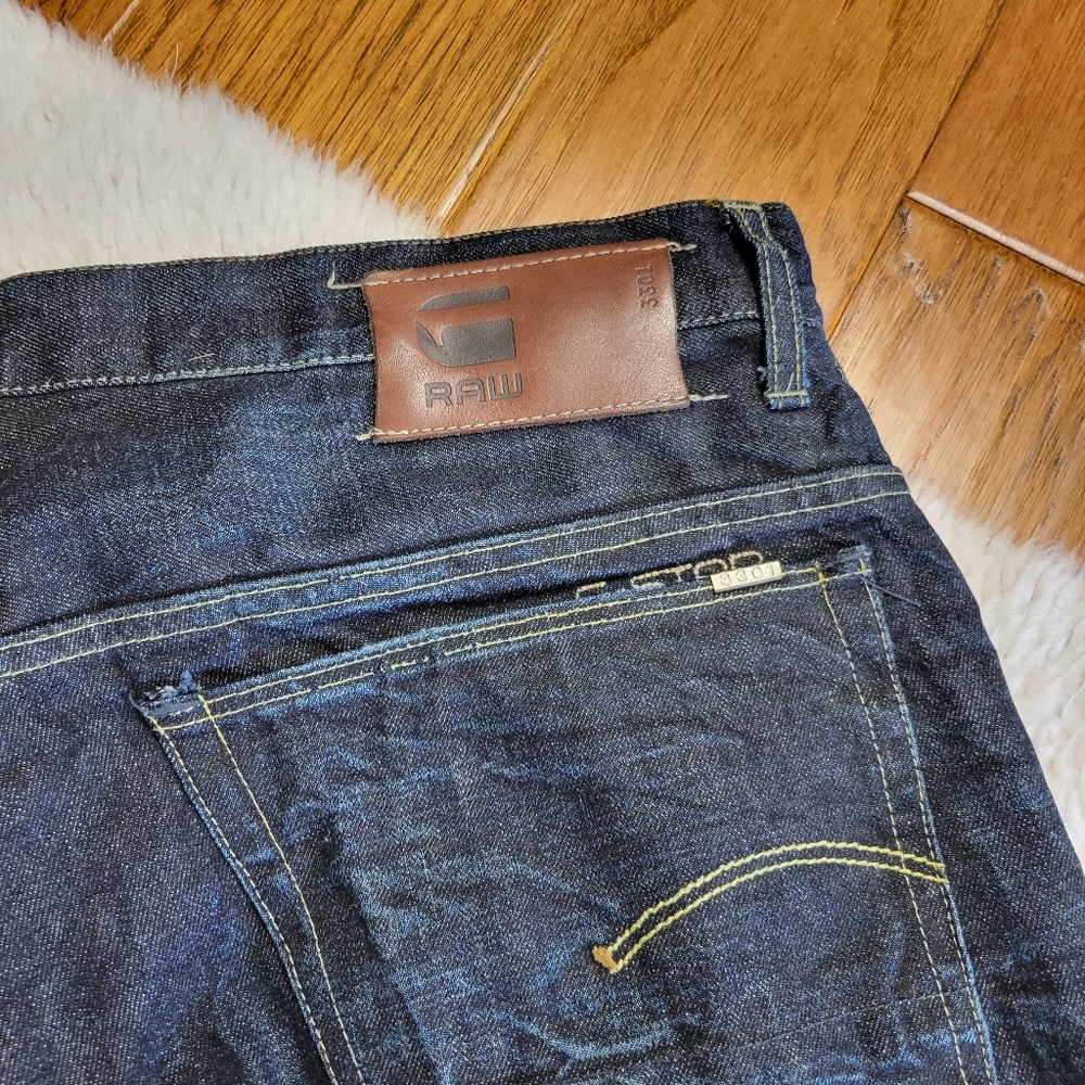 G-Star Raw 3301 Straight Jeans Men's 38 x 34 Button Fly Dark Wash 100% Cotton